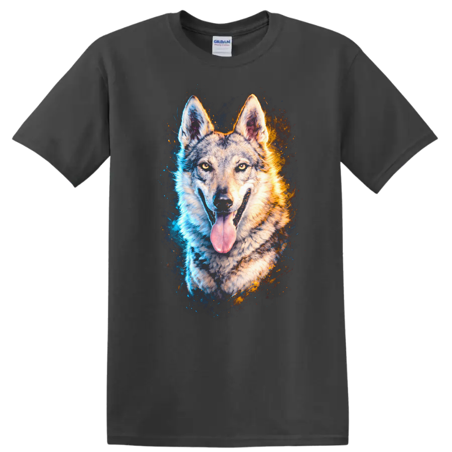 Blue and Orange Wolf Portrait Graphic T Shirt for Dog Lovers on a Charcoal T Shirt