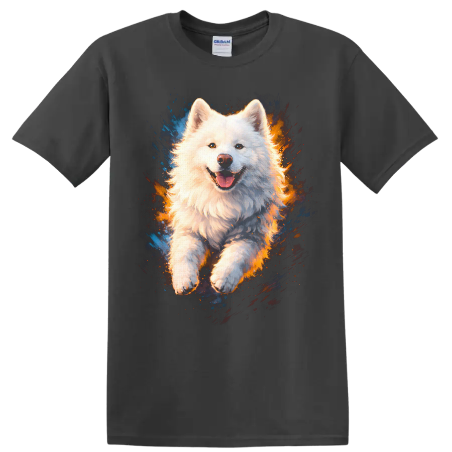 White Fluffy Dog Splash Art T Shirt for Dog Lovers - Charcoal
