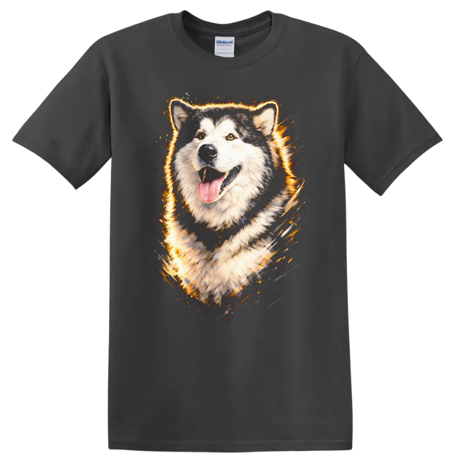 Flaming Husky Dog Portrait Graphic T Shirt for Dog Lovers on a Charcoal T Shirt