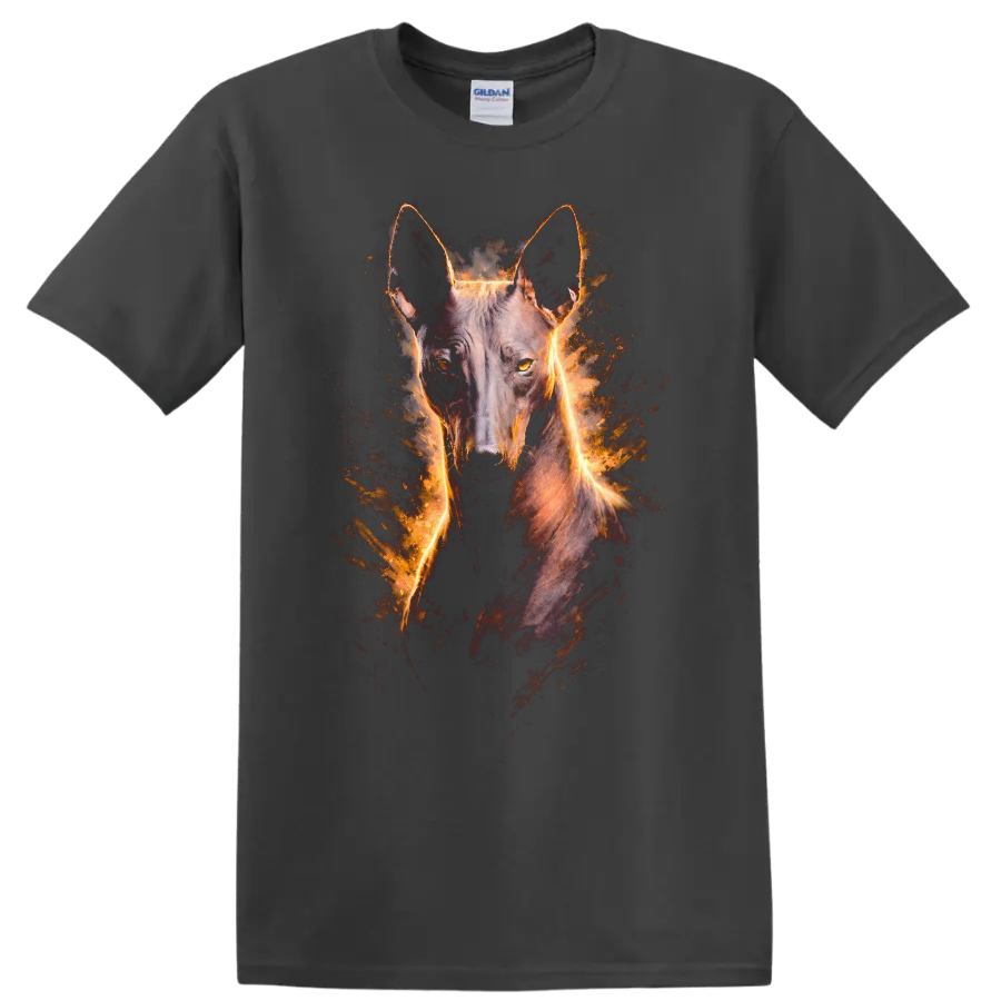 Belgian Malinois Dog Fire Glow Portrait T Shirt for Breed Lovers on a Charcoal T Shirt