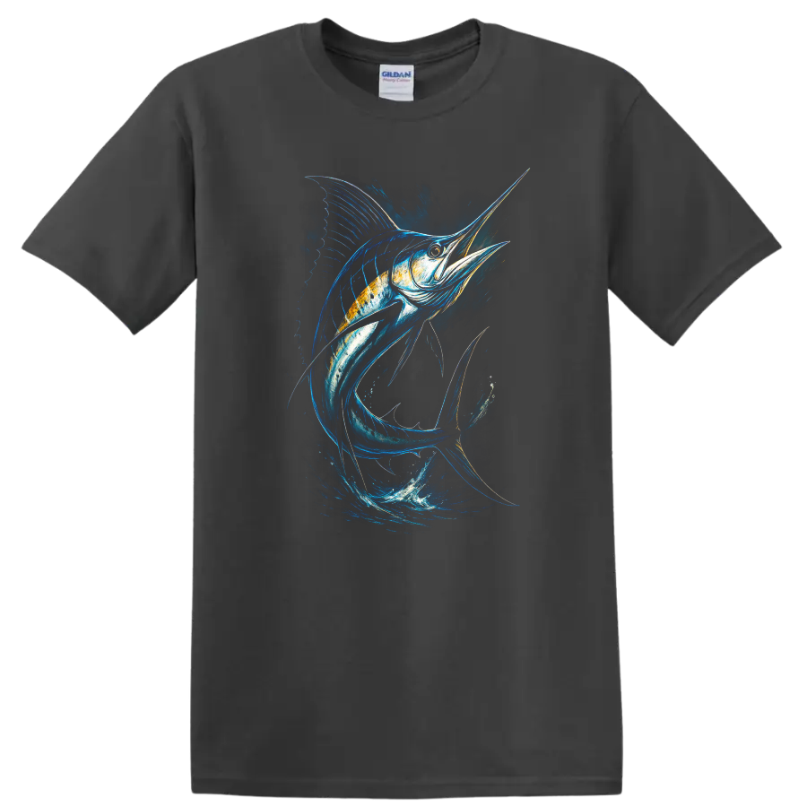 Blue Marlin Fish Splash Art T Shirt, Ocean Angler Graphic - Charcoal