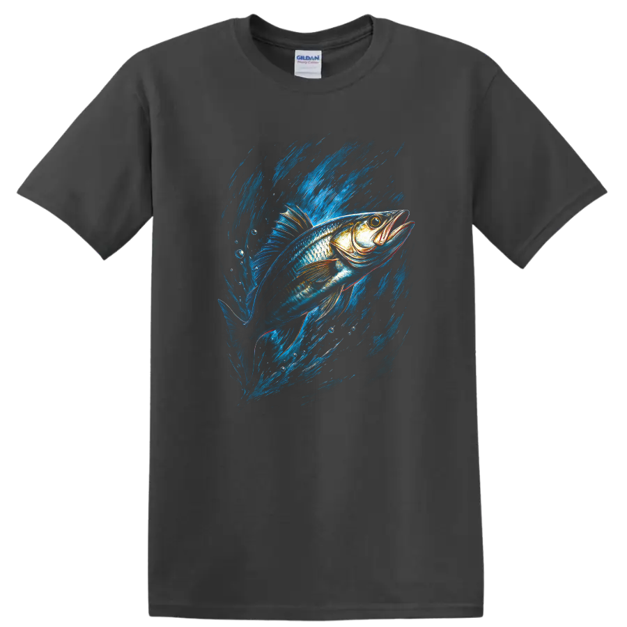 Blue Fish Splash Graphic T Shirt For Anglers and Nature Lovers - Charcoal