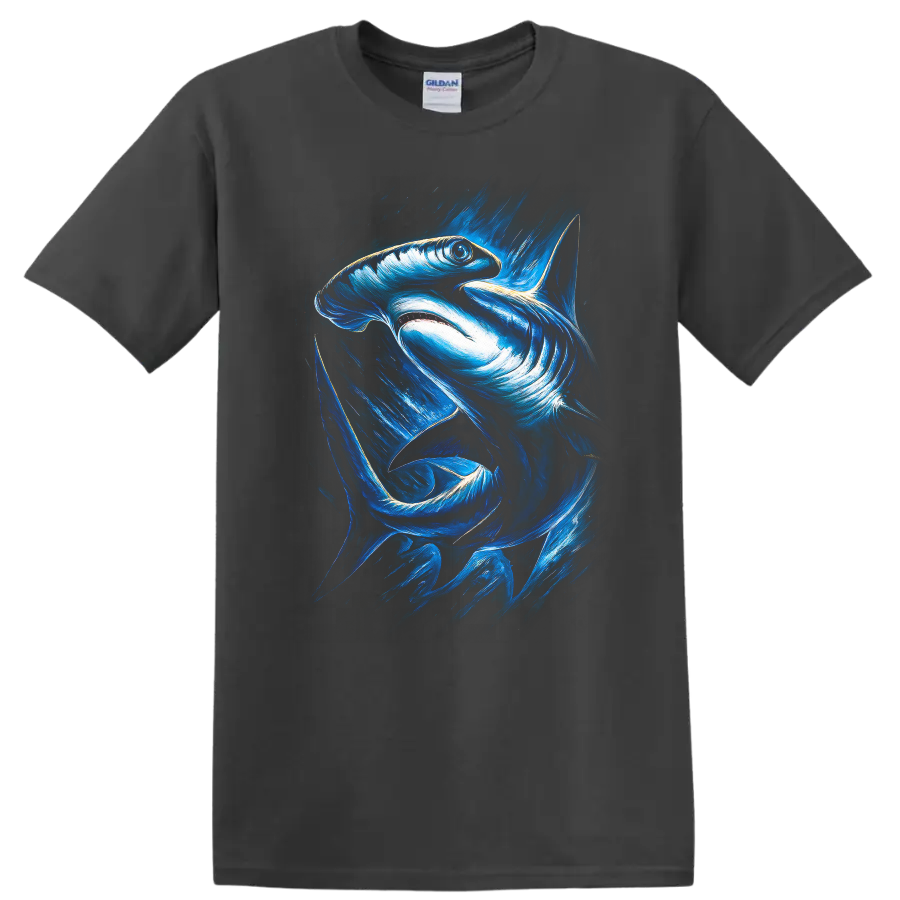 Blue Shark Art Graphic T Shirt Ocean Predator Abstract Wildlife Tee - Charcoal