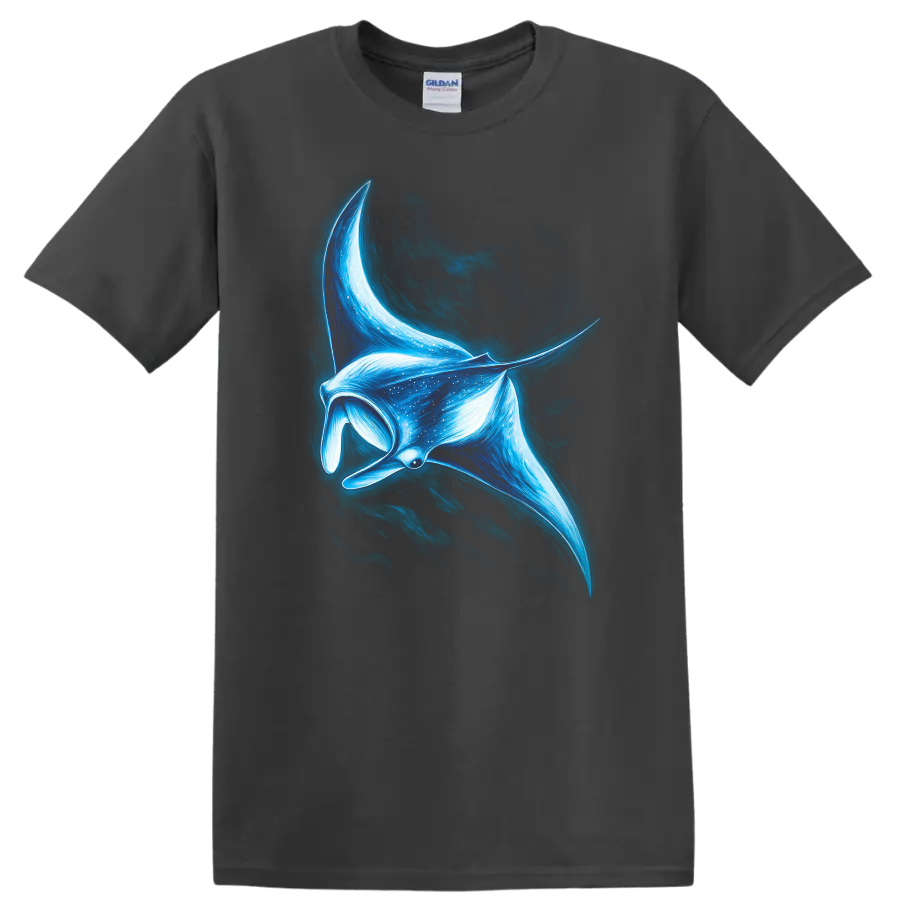 Glowing Blue Manta Ray Fish Art T Shirt for Ocean Lovers - Charcoal