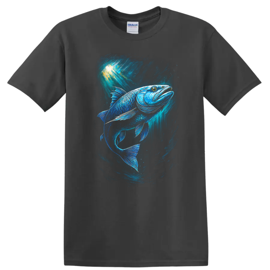 Glowing Blue Fish Underwater Art T Shirt Vibrant Ocean Angler Design - Charcoal