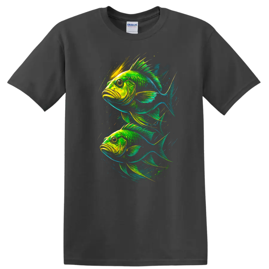 Neon Fish Art Graphic T Shirt Vibrant Tropical Aquatic Design - Charcoal