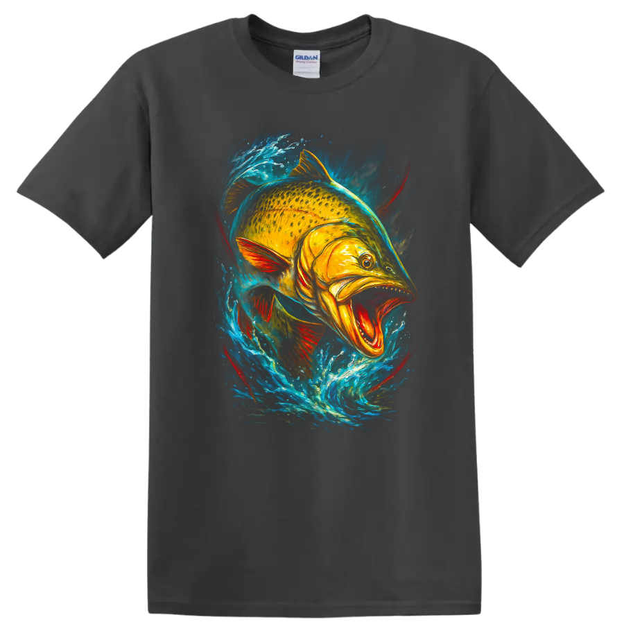 Vibrant Fish Splash Art T Shirt Bold Colorful Aquatic Angler Design - Charcoal