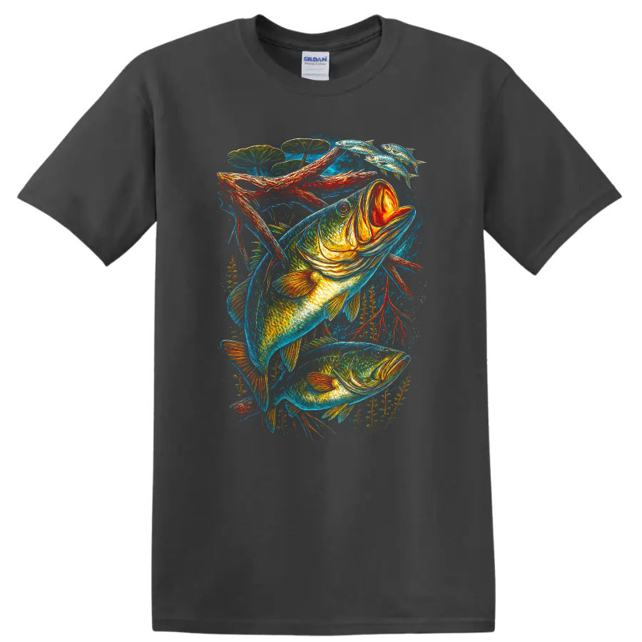 Colorful Bass Fish Art T Shirt for Anglers and Fishing Lovers - Charcoal