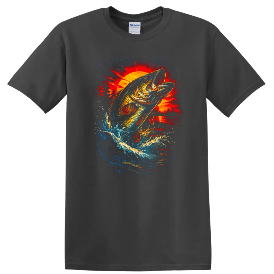 Colorful Bass Fish Jumping at Sunset Fishing T Shirt - Charcoal