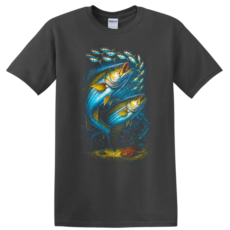 Colorful Fish School Underwater Ocean Art T Shirt for Anglers - Charcoal