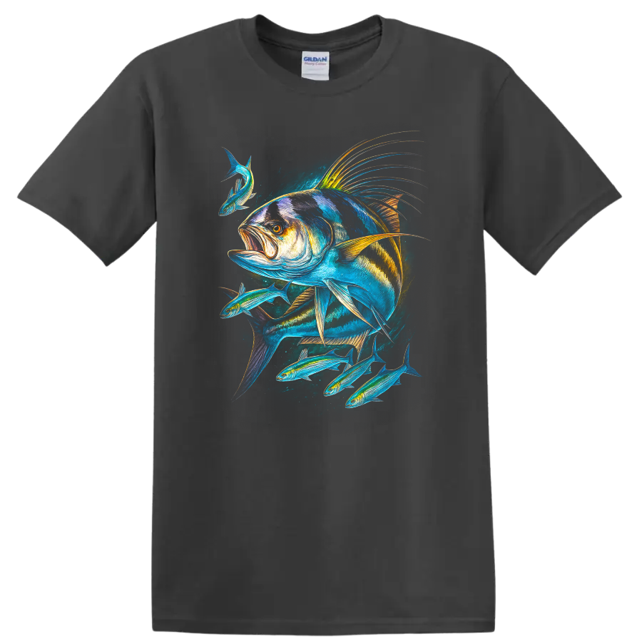 Colorful Fish School Art T Shirt Bold Ocean Angler Design - Charcoal
