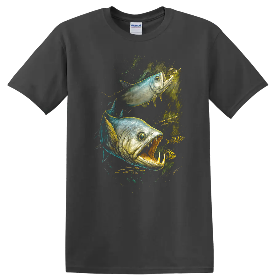 Aggressive Fish Duo Underwater Predator Art T Shirt - Charcoal
