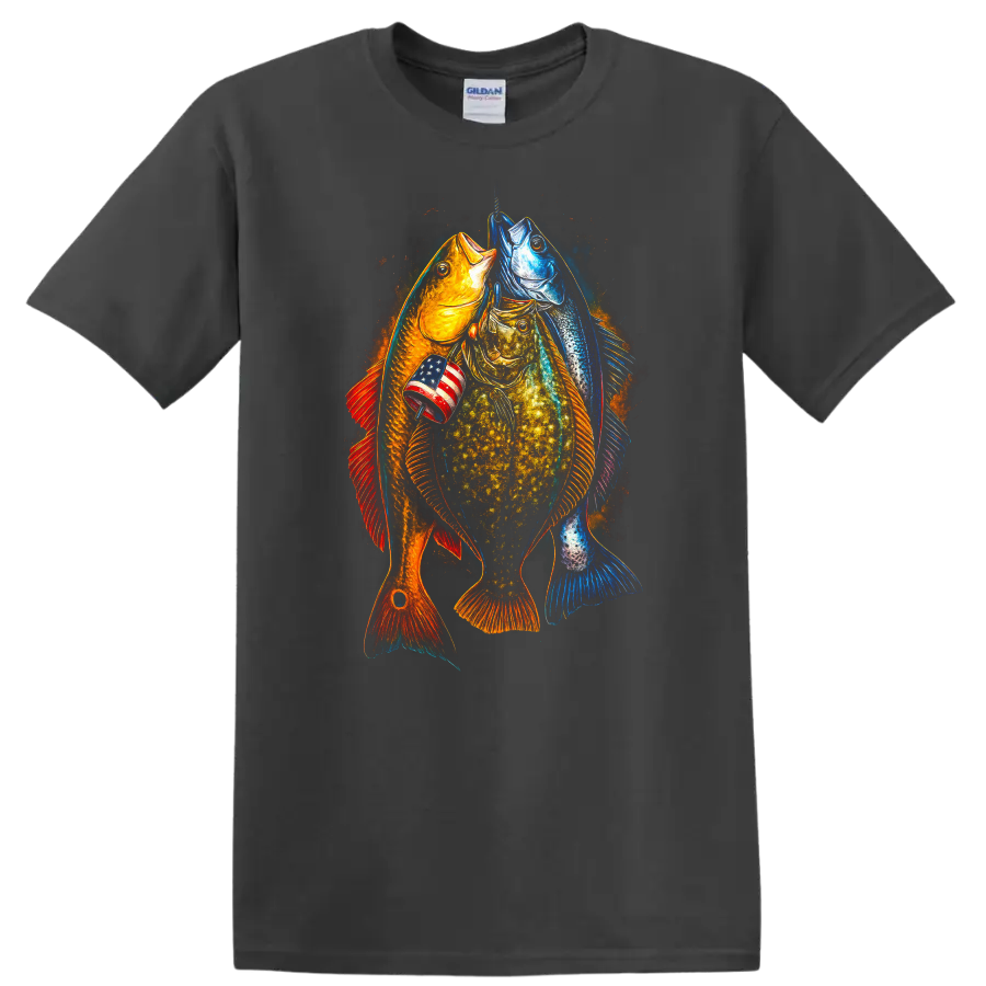 Patriotic Fish Trio American Flag Graphic T Shirt - Charcoal