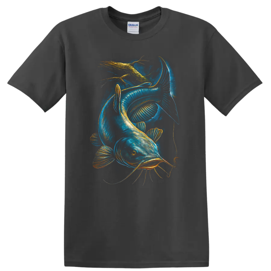 Glowing Catfish Fishing Lure Art T Shirt for Anglers and Fish Lovers - Charcoal