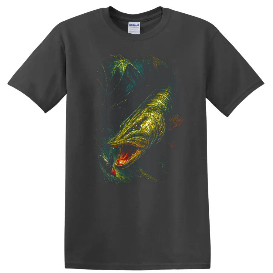 Glowing Fish Predator Art T Shirt Neon Underwater Hunting Scene - Charcoal