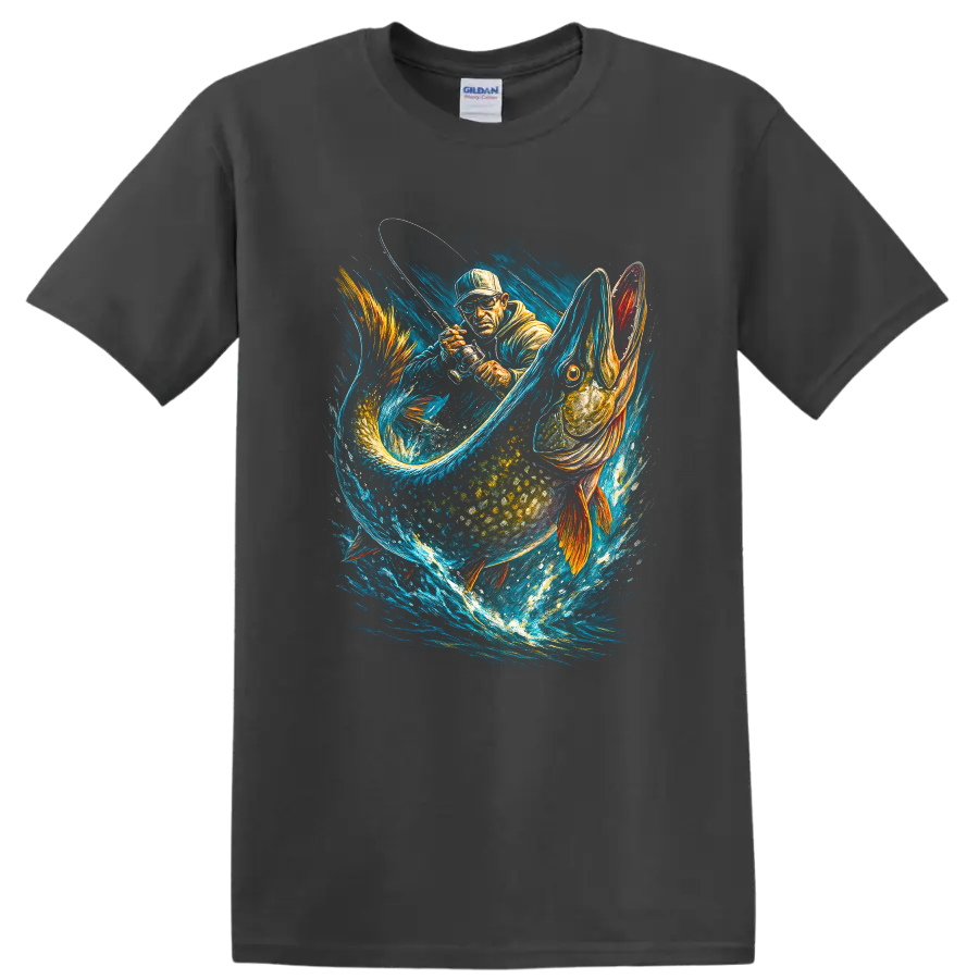 Angler Fishing Giant Pike Action Art T Shirt for Lake Sport Fishermen - Charcoal