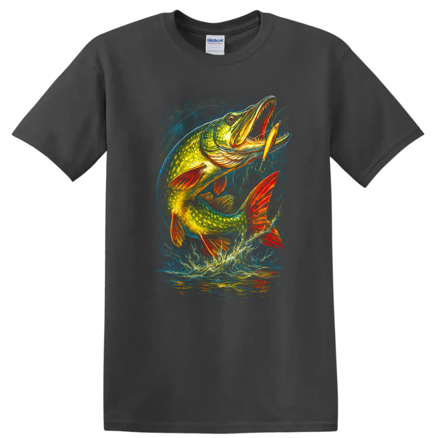 Colorful Pike Fish Lure Jumping Art T Shirt for Anglers - Charcoal