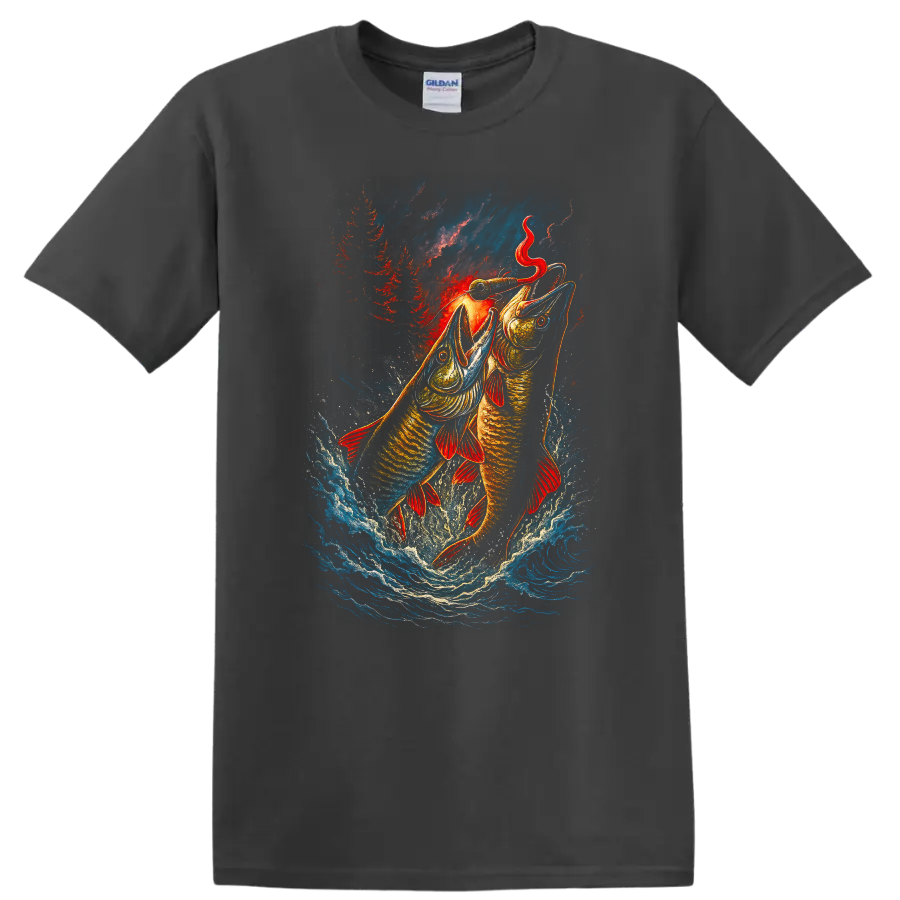 Fishing Lure Fish Jumping Art Graphic T Shirt for Anglers - Charcoal