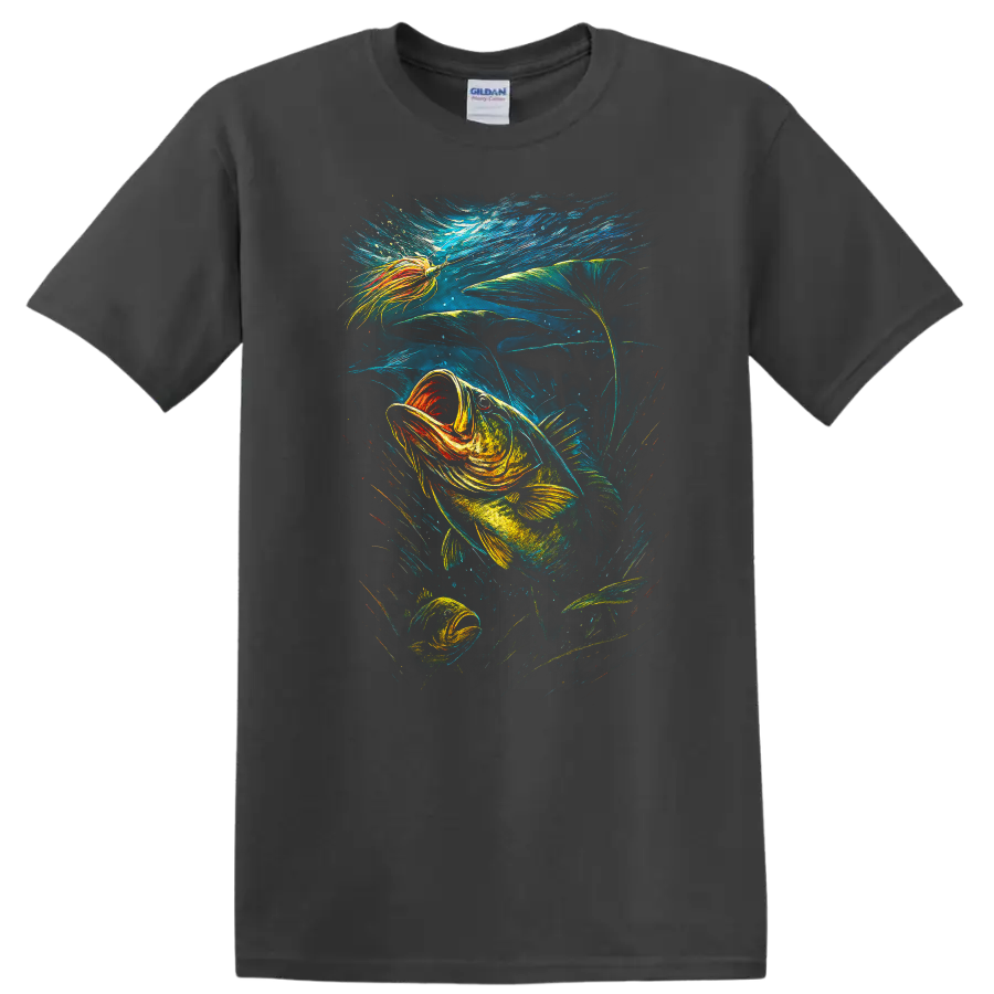 Colorful Fish Underwater Art T Shirt Vibrant Ocean Angler Design - Charcoal