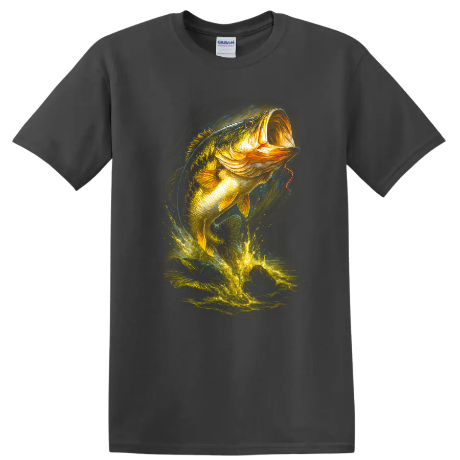 Glowing Largemouth Bass Fish Splash Art T Shirt for Anglers - Charcoal