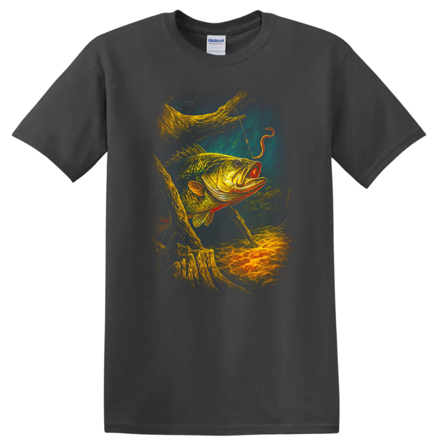 Colorful Largemouth Bass Fishing Art T Shirt for Anglers - Charcoal