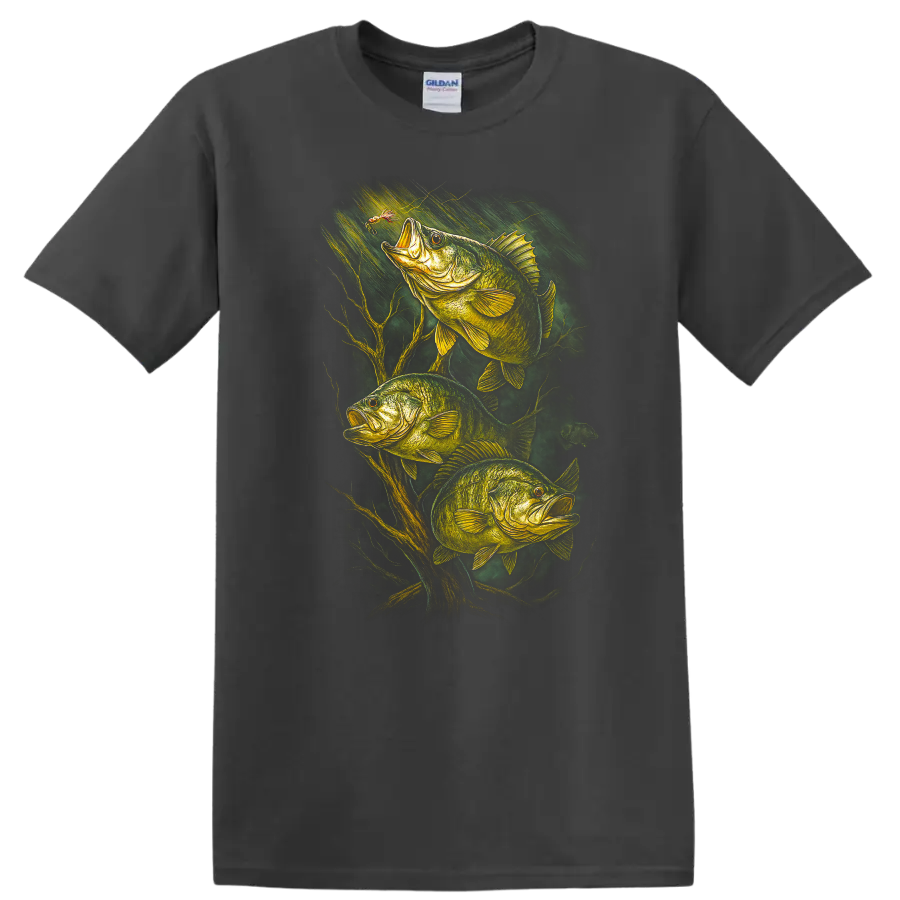 Bass Fishing T Shirt with Three Largemouth Fish Nature Graphic - Charcoal