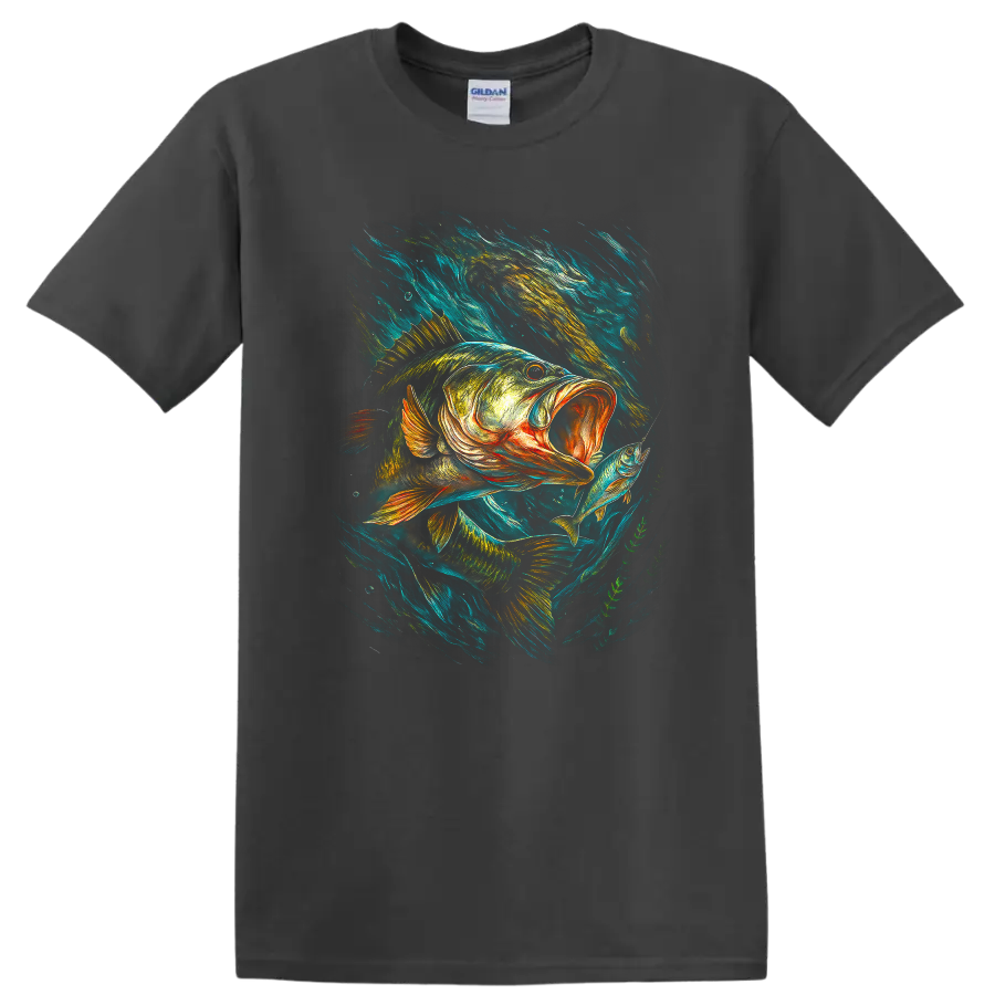 Bass Fishing T Shirt Vibrant Big Fish Catch Angler Art - Charcoal