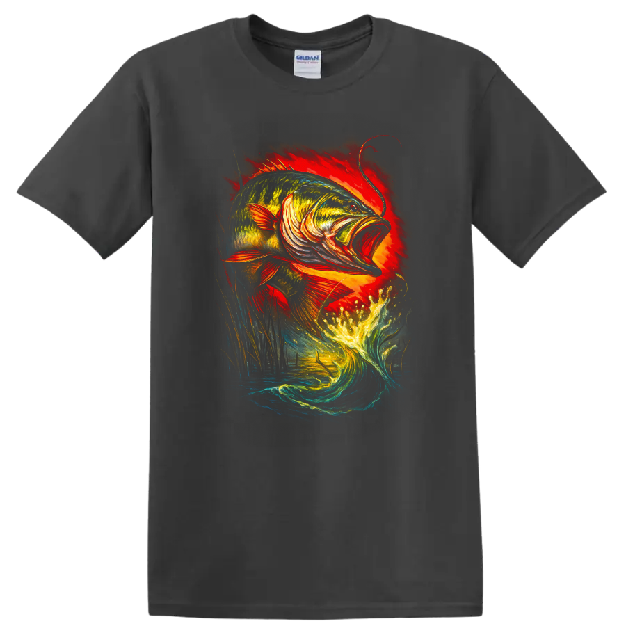 Colorful Leaping Bass Fish Art T Shirt for Anglers and Outdoorsmen - Charcoal