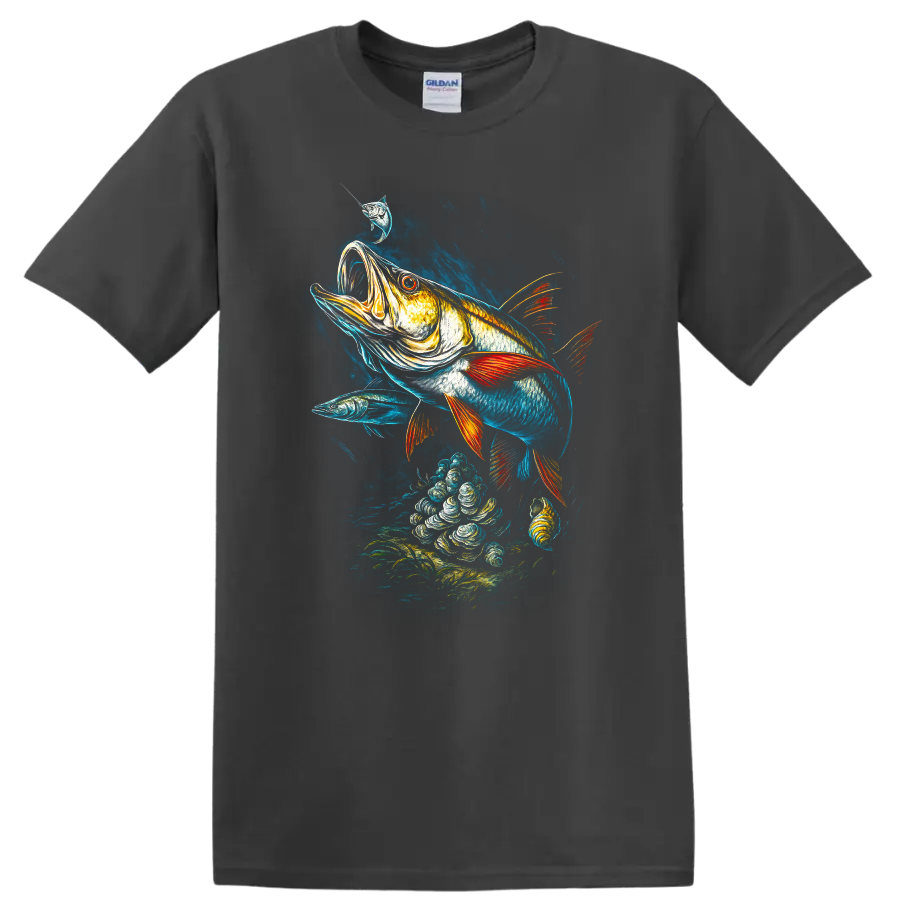 Vibrant Big Fish Underwater Art T Shirt with Bold Fishing Scene - Charcoal