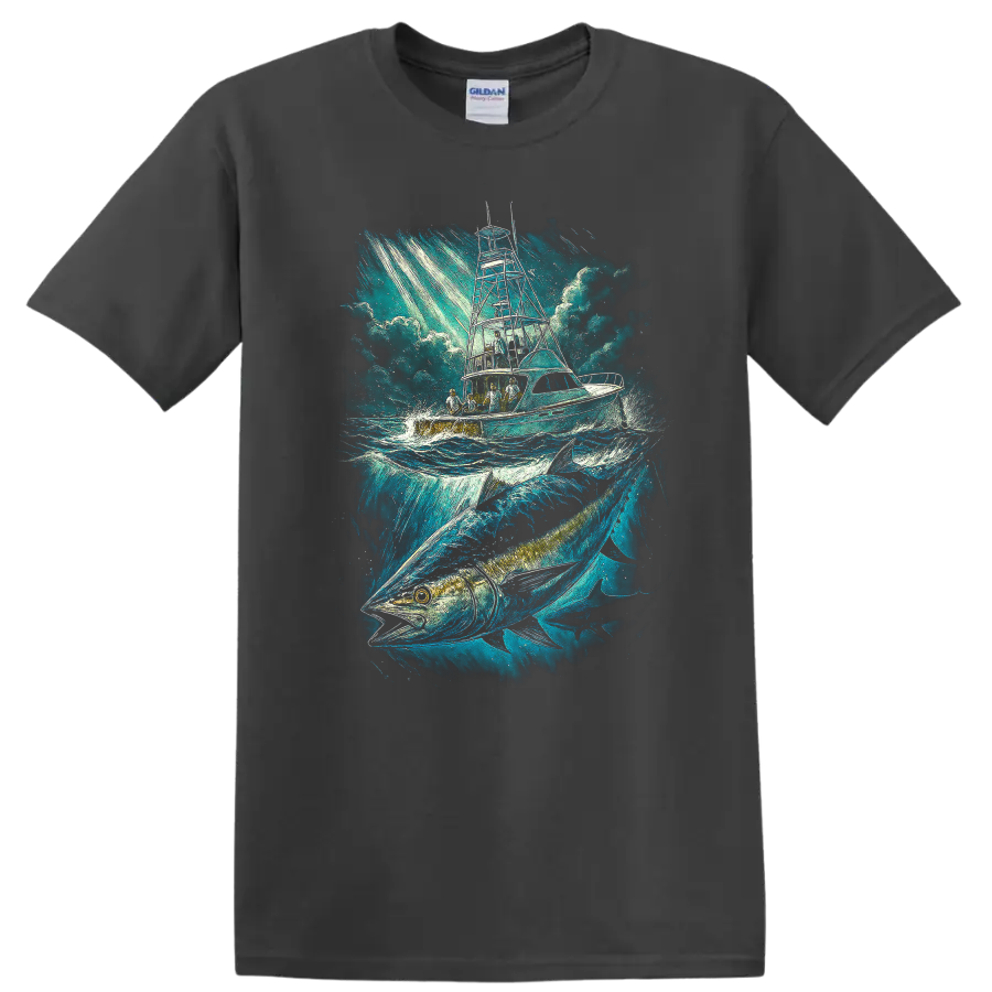 Ocean Fishing Boat and Big Fish T Shirt Blue Maritime Angler Art - Charcoal