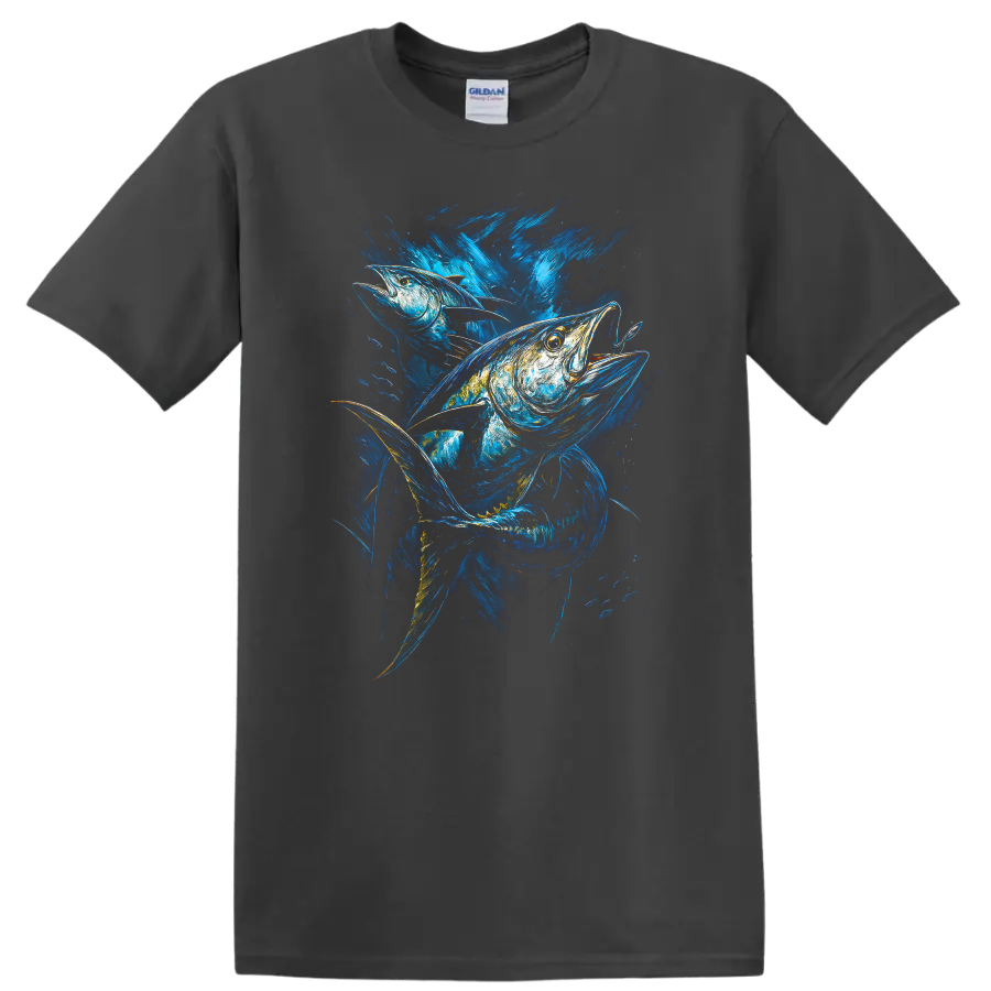 Vibrant Blue Fish Art T Shirt Abstract Ocean Wildlife Graphic - Charcoal
