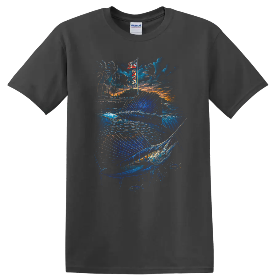Blue Marlin Fishing Sunset Ocean Fish Graphic T Shirt - Charcoal