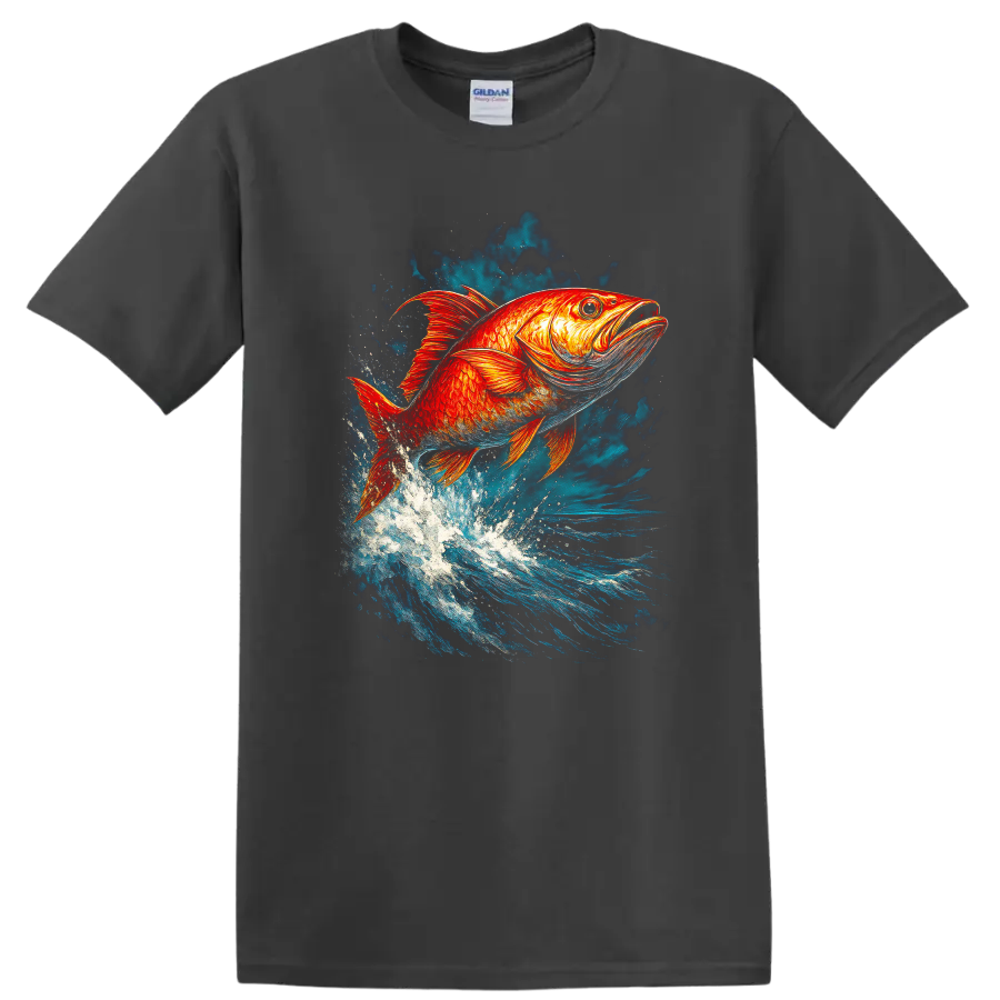 Vibrant Jumping Fish Splash Art T Shirt for Anglers and Nature Lovers - Charcoal