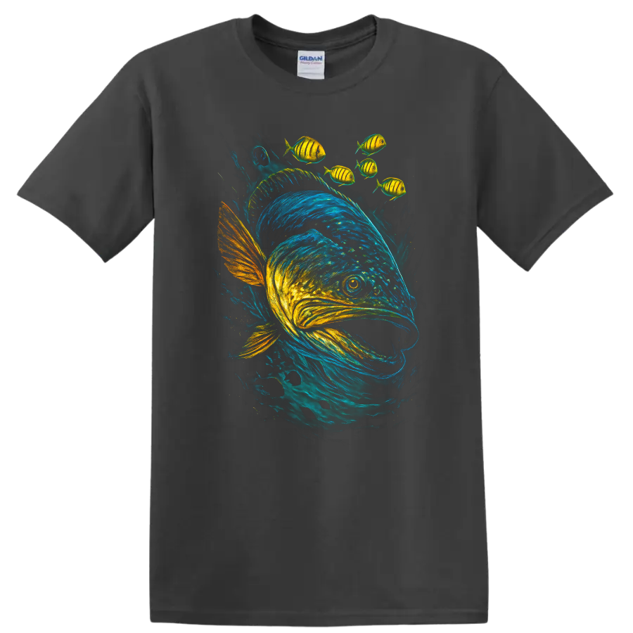 Colorful Fish School T Shirt Vibrant Aquatic Art for Ocean Lovers - Charcoal