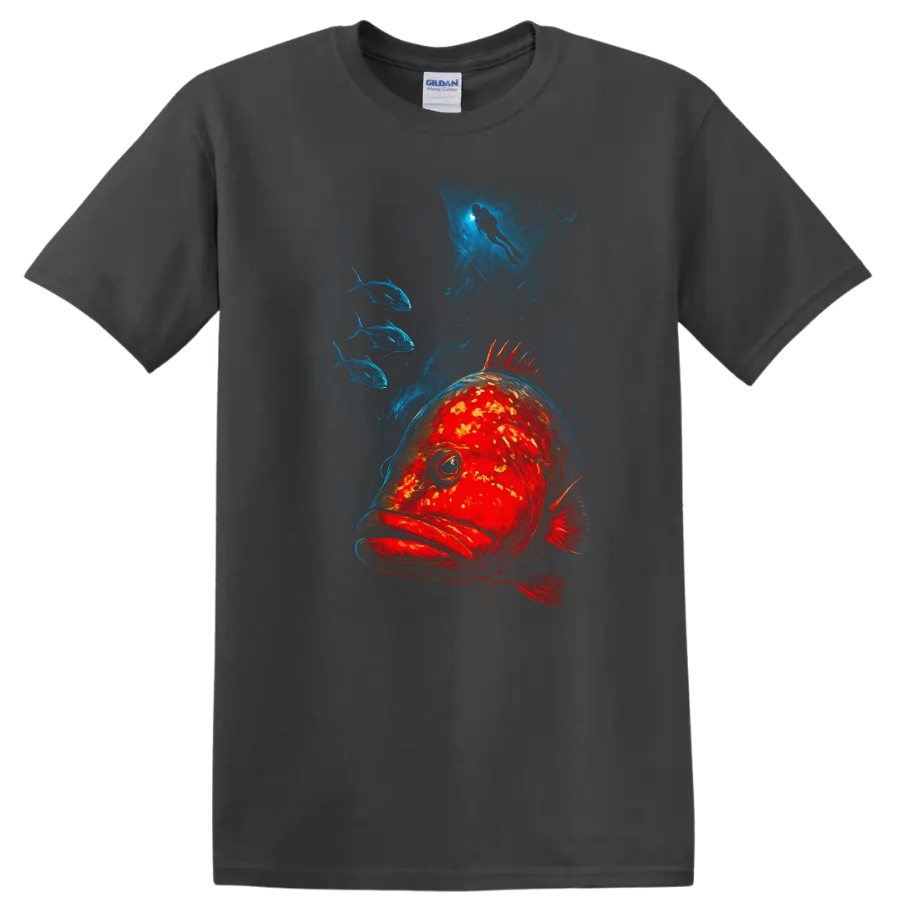 Deep Sea Fish T Shirt Vibrant Ocean Scuba Diver and School Art - Charcoal