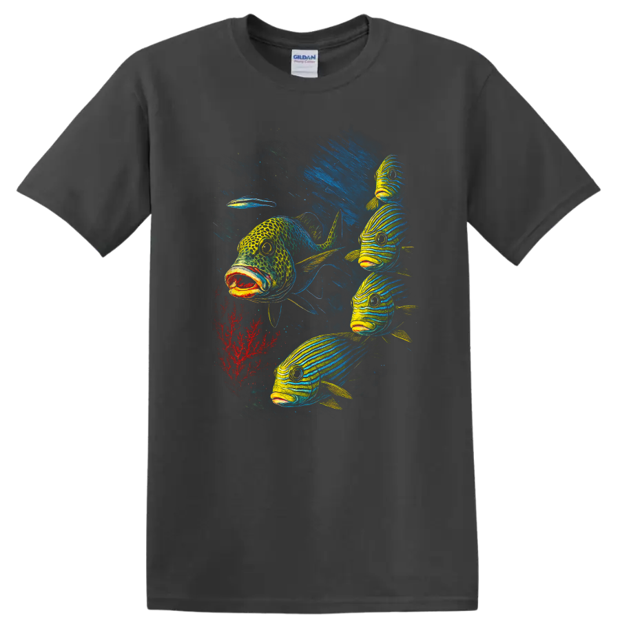 Colorful Fish School Underwater Art T Shirt for Ocean Lovers - Charcoal