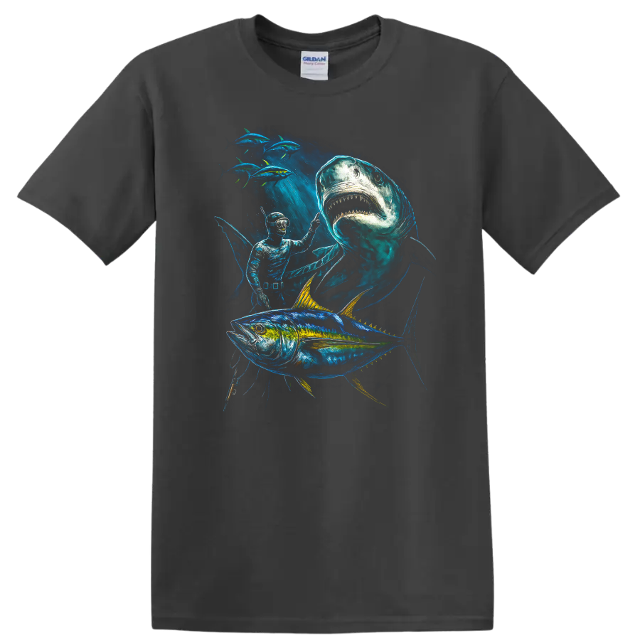 Ocean Fish Predator T Shirt Shark Tuna Diver Deep Sea Art - Charcoal