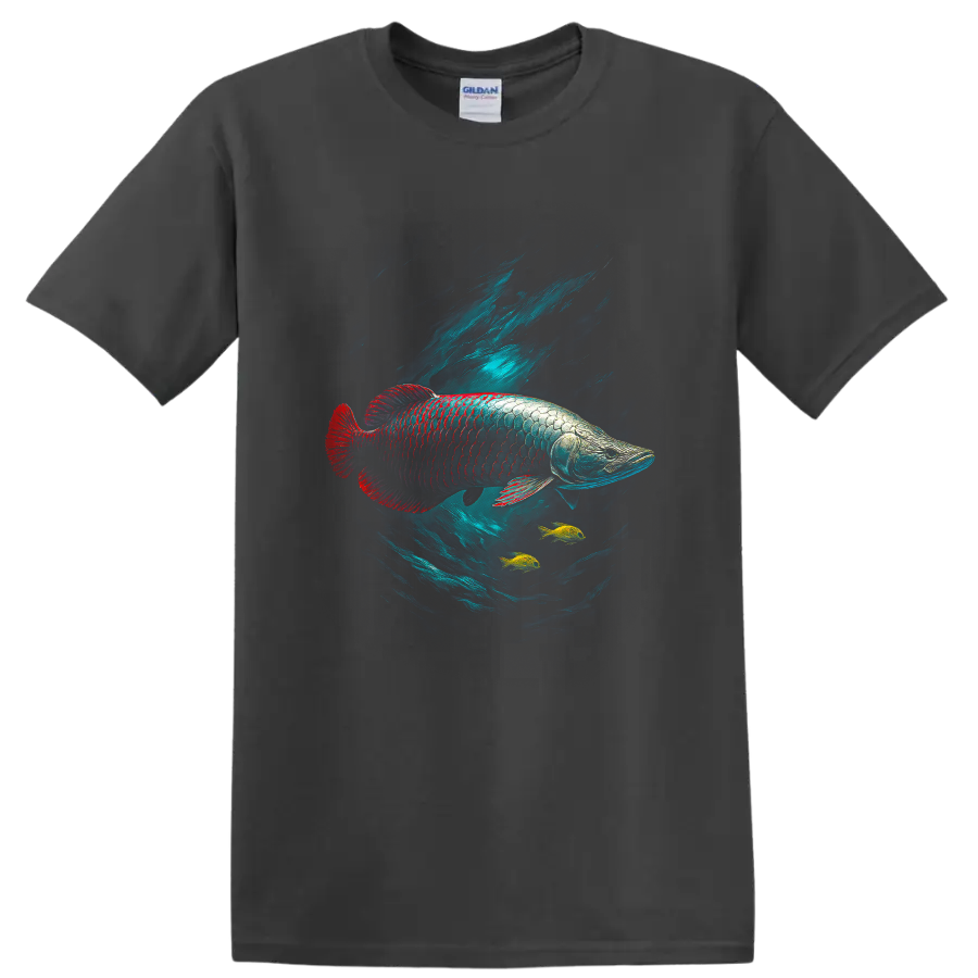 Vibrant Arowana Fish Underwater Art T Shirt for Aquatic Nature Lovers - Charcoal