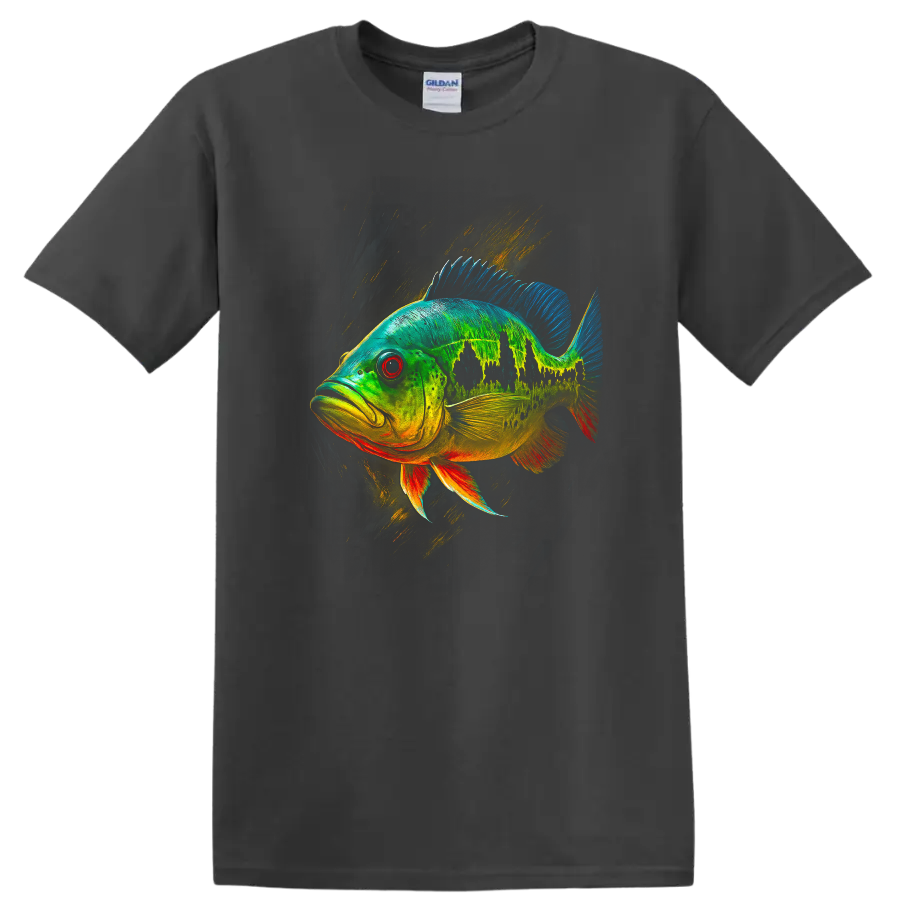 Colorful Fish Art T Shirt Neon Tropical Bass Graphic Tee - Charcoal