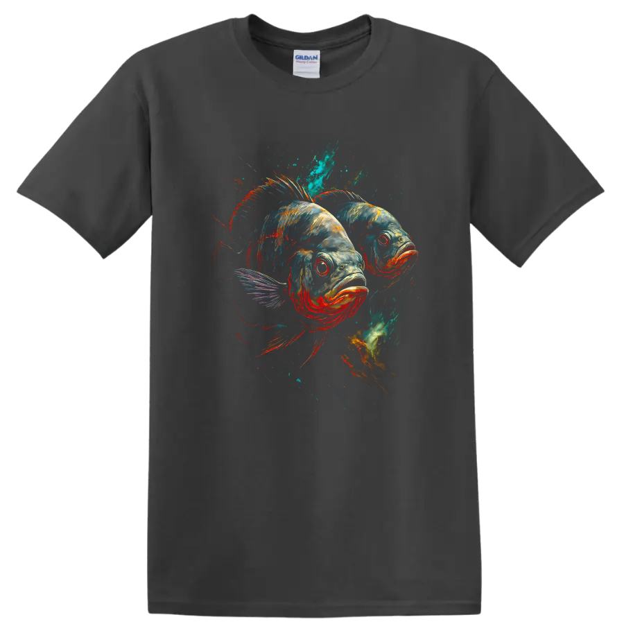 Colorful Fish Duo Graphic T Shirt, Vibrant Aquarium Art Tee - Charcoal