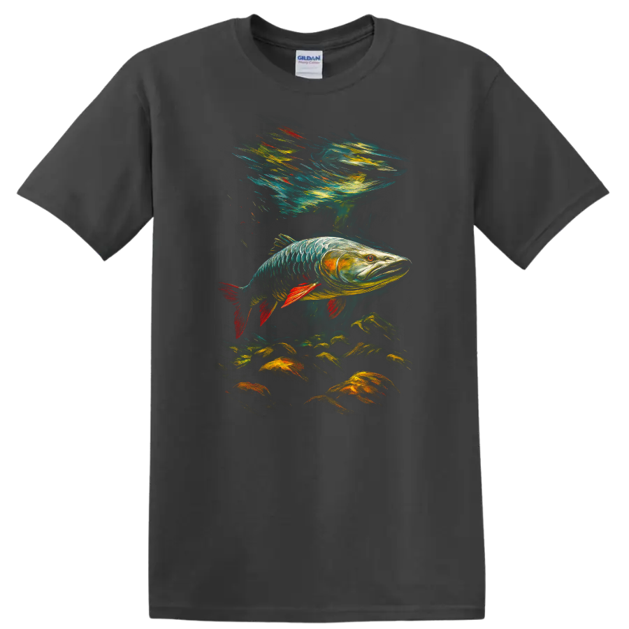 Colorful Fish Art T Shirt, Vibrant Underwater Bass Design for Anglers - Charcoal