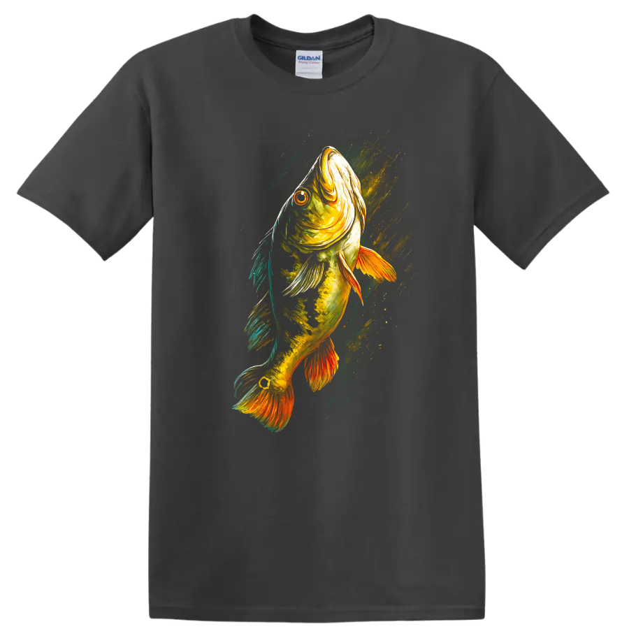 Colorful Fish Art T Shirt Vibrant Bass Fishing Graphic for Anglers - Charcoal