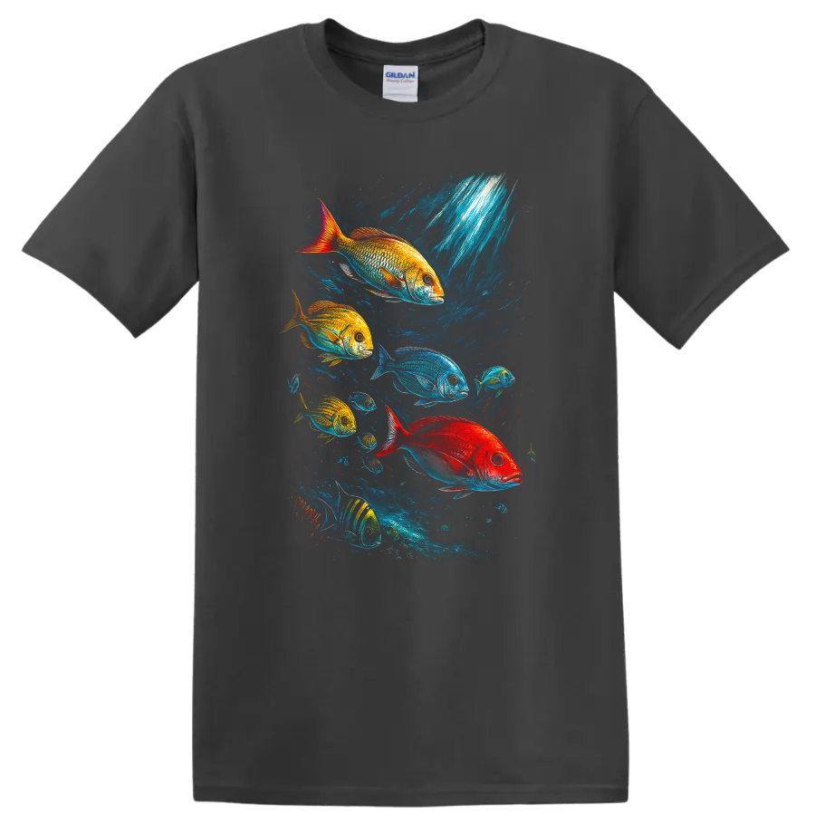 Colorful Fish School Underwater Art T Shirt Vibrant Ocean Scene - Charcoal