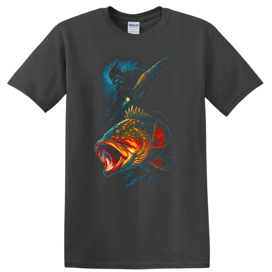 Colorful Bass Fish Art T Shirt Bold Deep Sea Angler Design - Charcoal