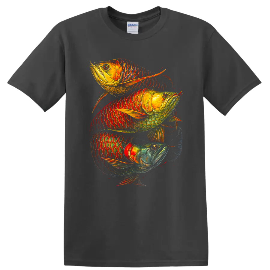 Three Arowana Fish Colorful Tropical Art T Shirt - Charcoal