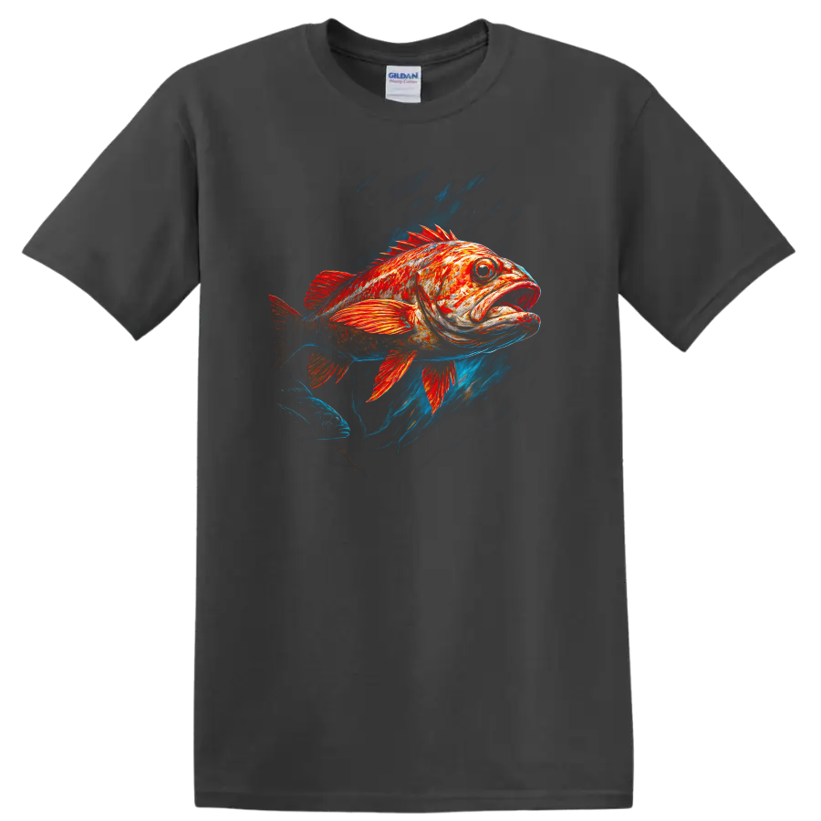 Red Orange Fish Art T Shirt with Bold Underwater Splash Design - Charcoal