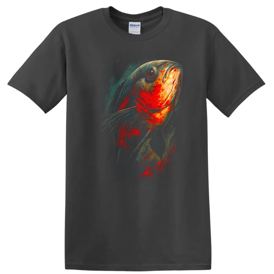 Abstract Colorful Fish Art T Shirt Vibrant Ocean Painterly Graphic Tee - Charcoal