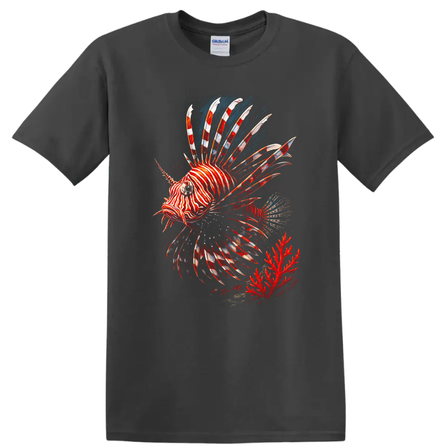 Red Lionfish Zebra Fish T Shirt Colorful Ocean Reef Graphic - Charcoal