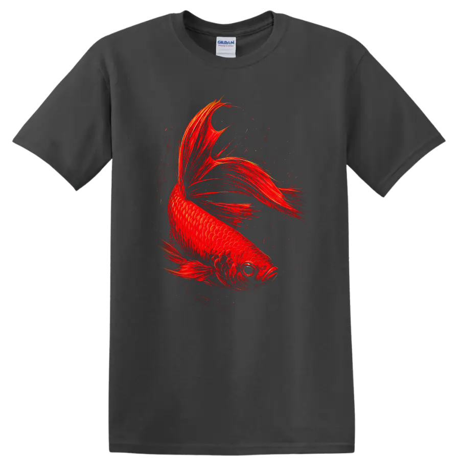 Fiery Red Betta Fish Art Graphic T Shirt for Fish Lovers - Charcoal