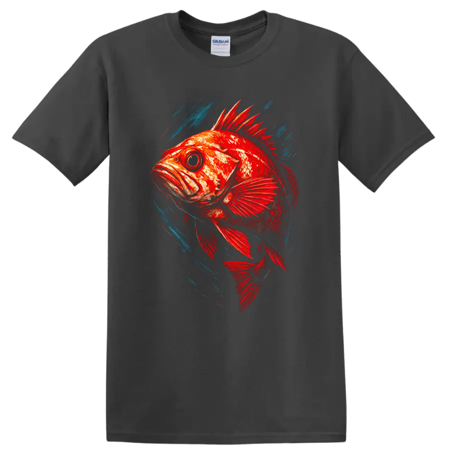 Vibrant Red Fish Art T Shirt with Blue Splash Motion Design - Charcoal
